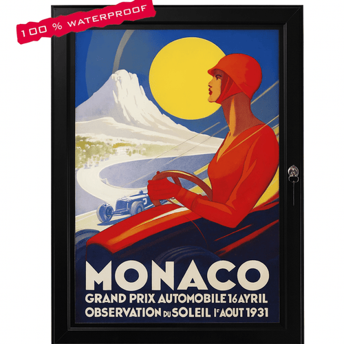 Vintage-style poster of a race car driver with scenic background, framed in black.